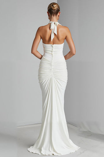 Robe de soirée longue en mousseline de soie en mousseline de soie ivoire dos nu